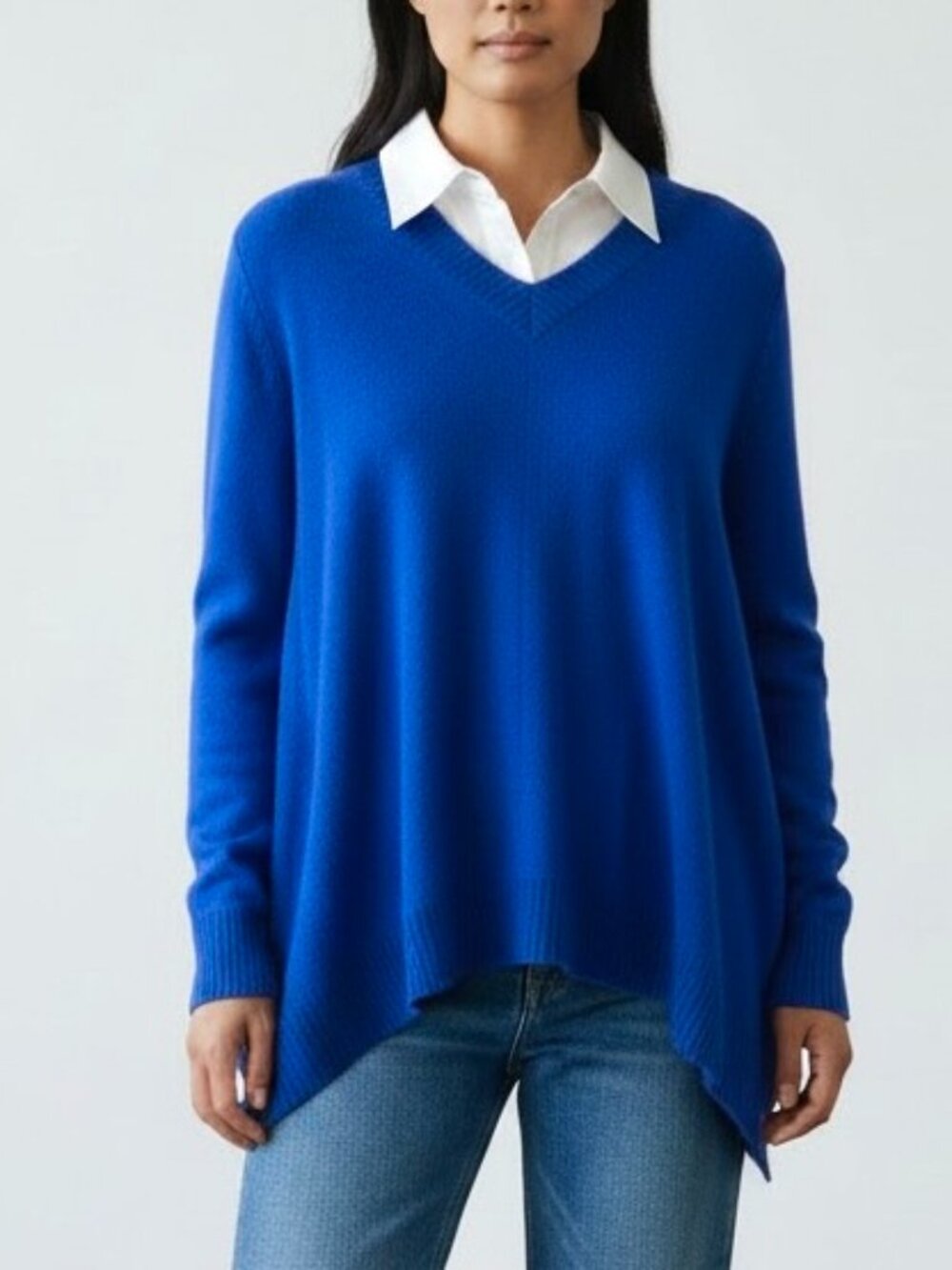 Lord & Taylor Sweater Cashmere V-Neck Asymmetric Hem Cobalt Blue Oversized (S)